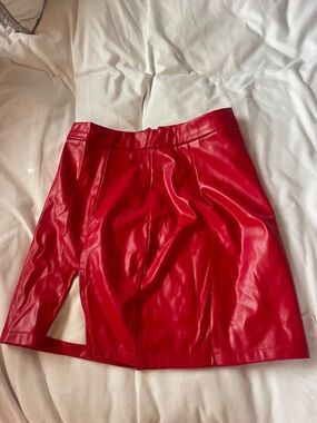 SHEIN Red Faux Leather Mini Skirt with Front Slit
